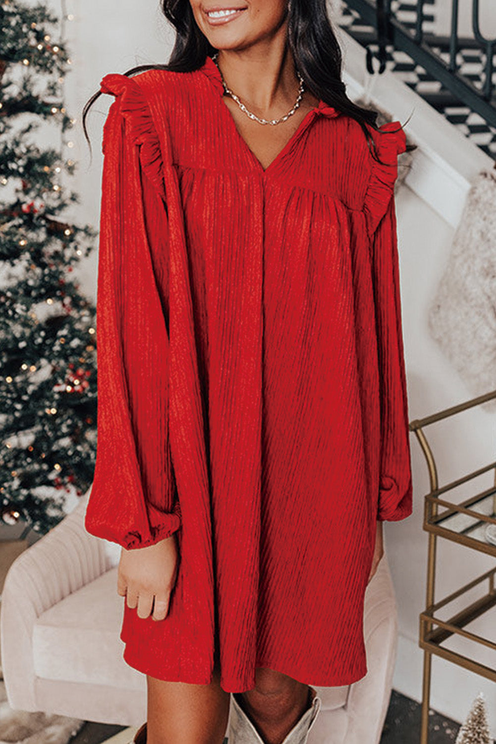 Robe courte femme à volants, col V, ample — rouge feu