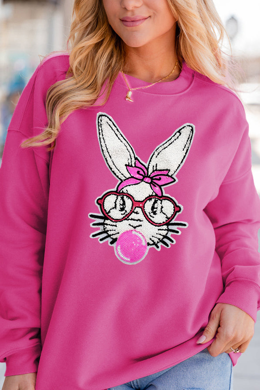 Sweat femme graphique, paillettes, épaules tombantes