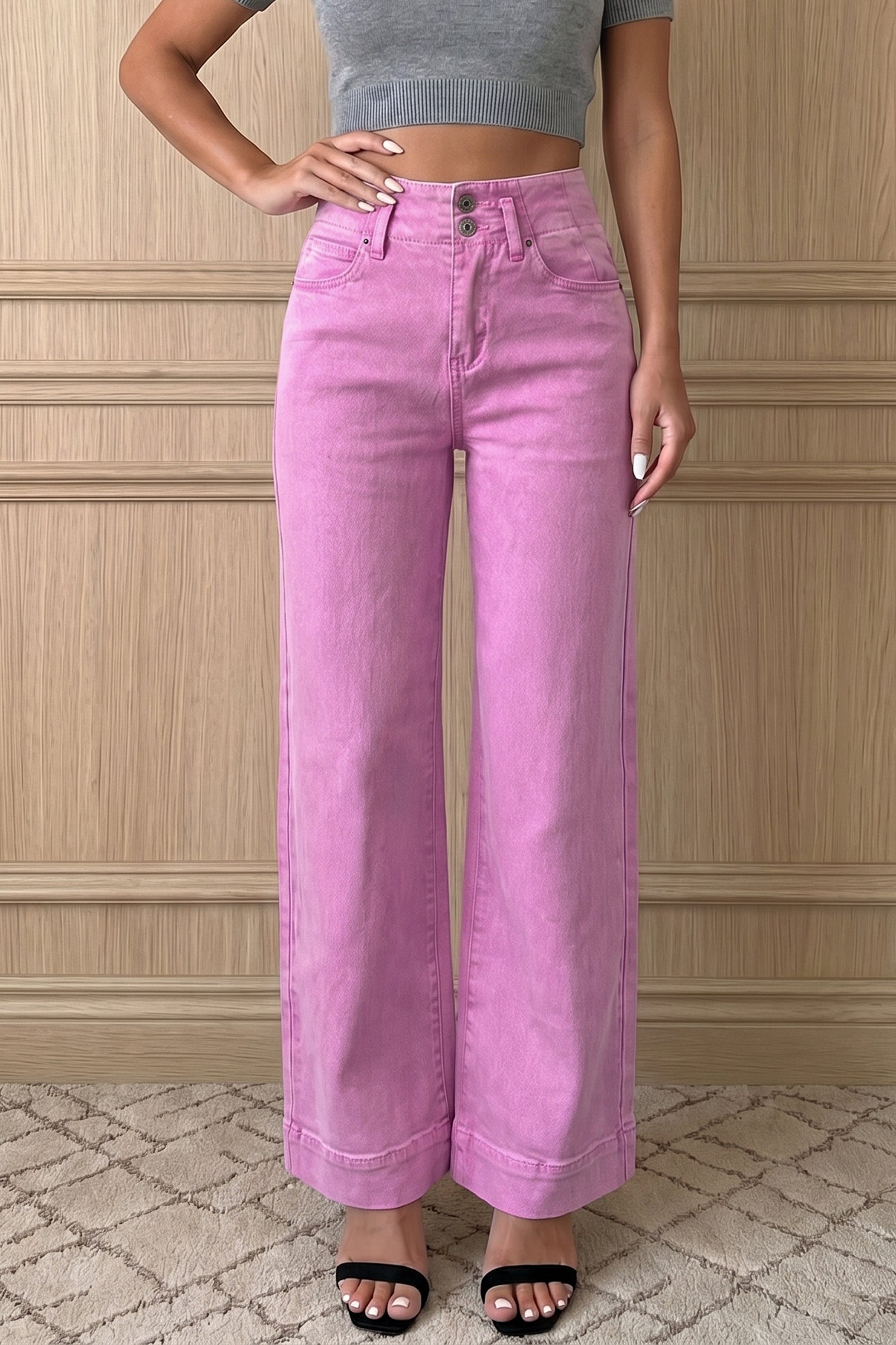 Jean femme boutonnée, taille haute, jambe large