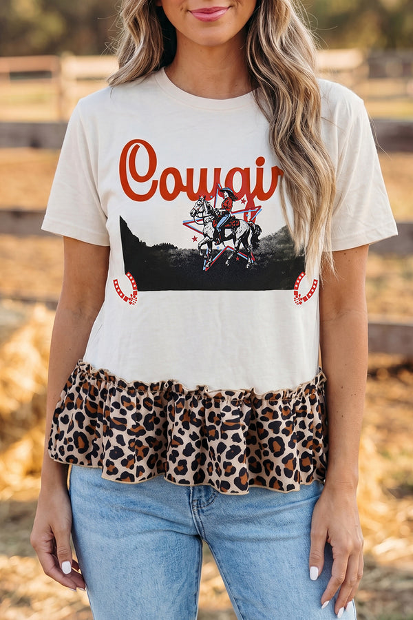 T-shirt femme léopard, patchwork, à volants — blanc