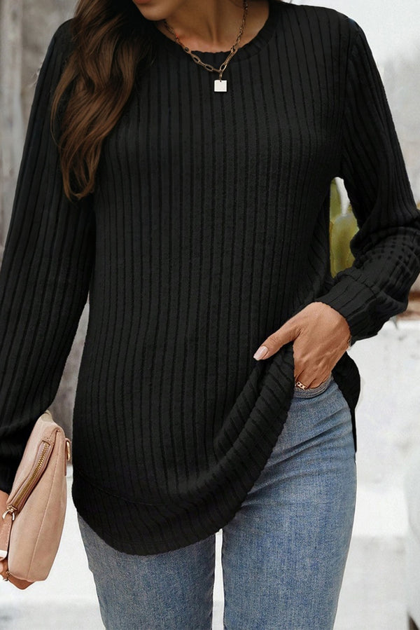 Haut femme en maille, manches longues, col rond, côtelé — noir