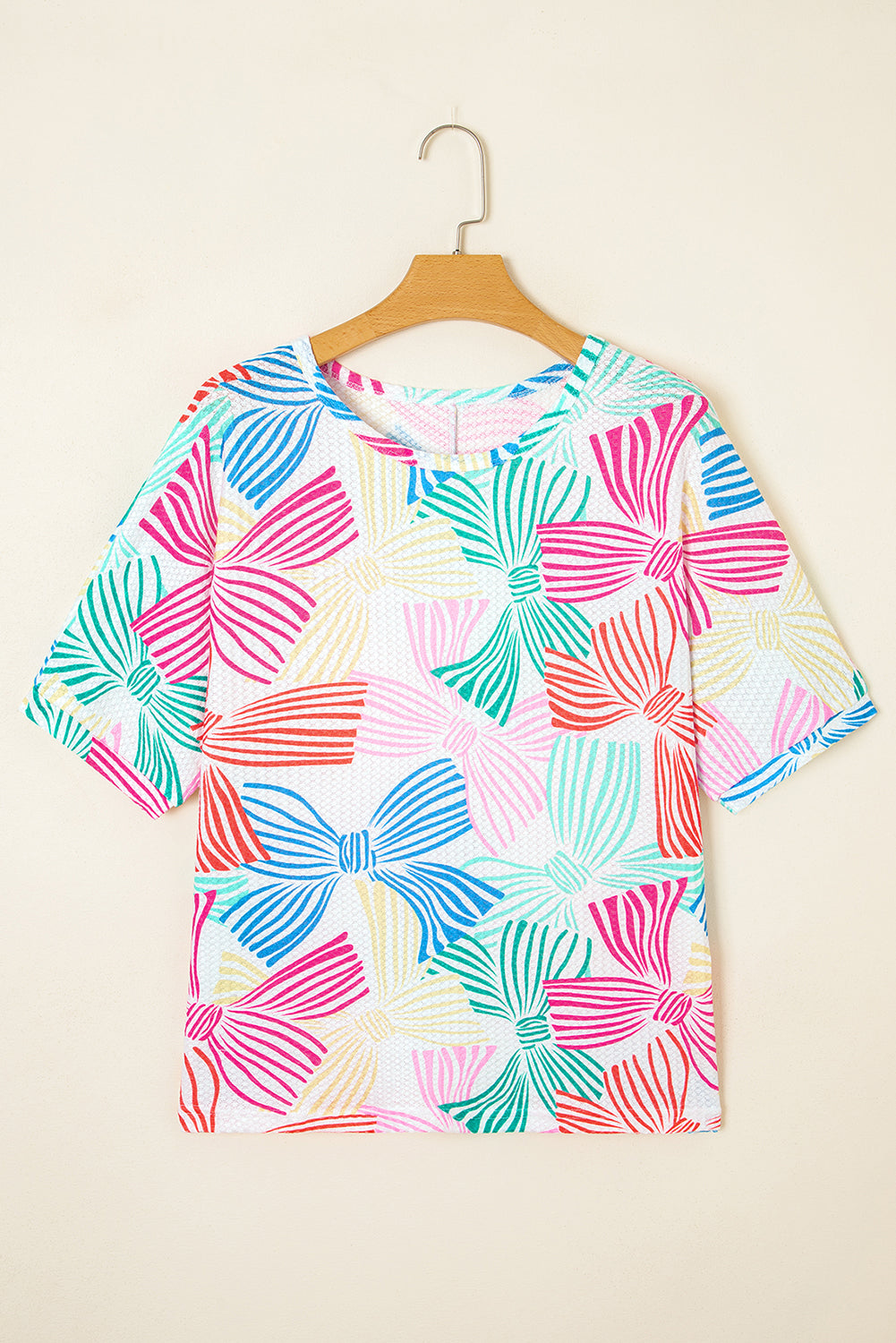 Pink Bowknot Printed Waffle Crewneck Loose Short Sleeve Top