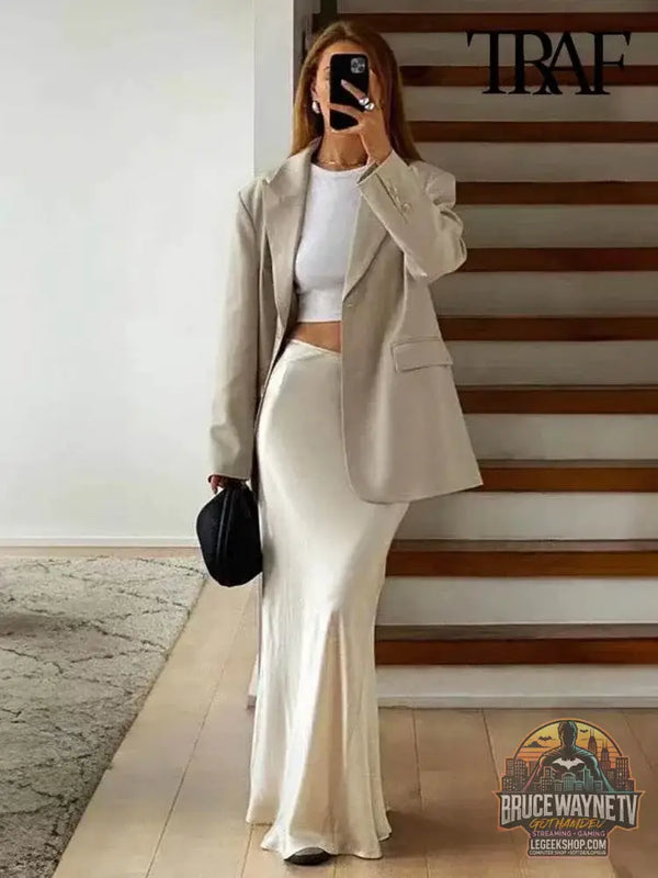 Jupe Mi-Longue Satin Fluide pour Femme, Taille Haute, Ceinture Élastique | ASDS | Wayne Outfitters - Legeekshop