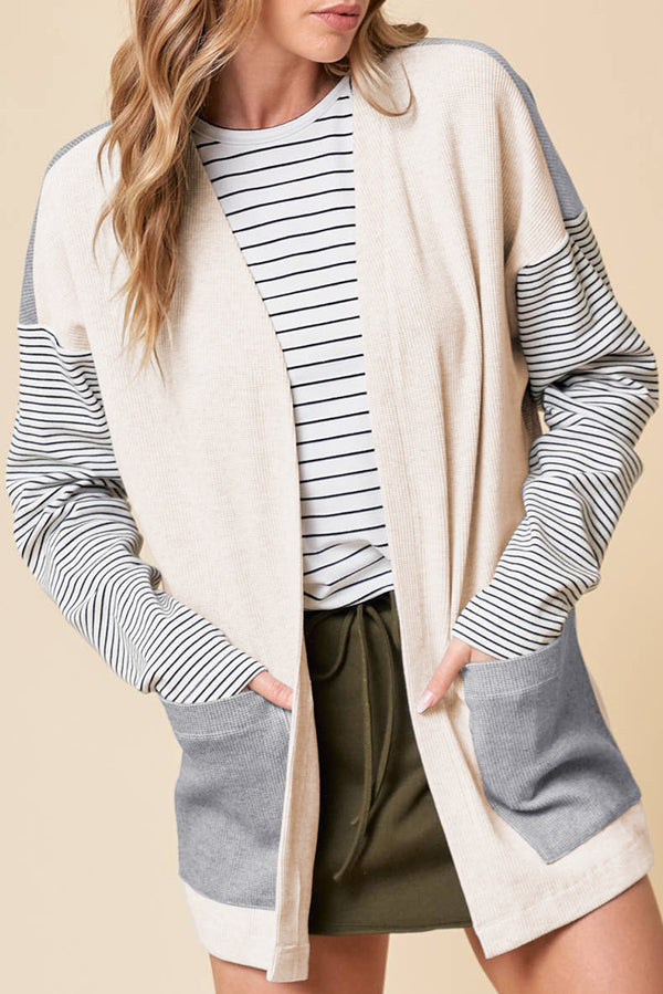 Cardigan femme rayé, patchwork, poches, colorblock — noir