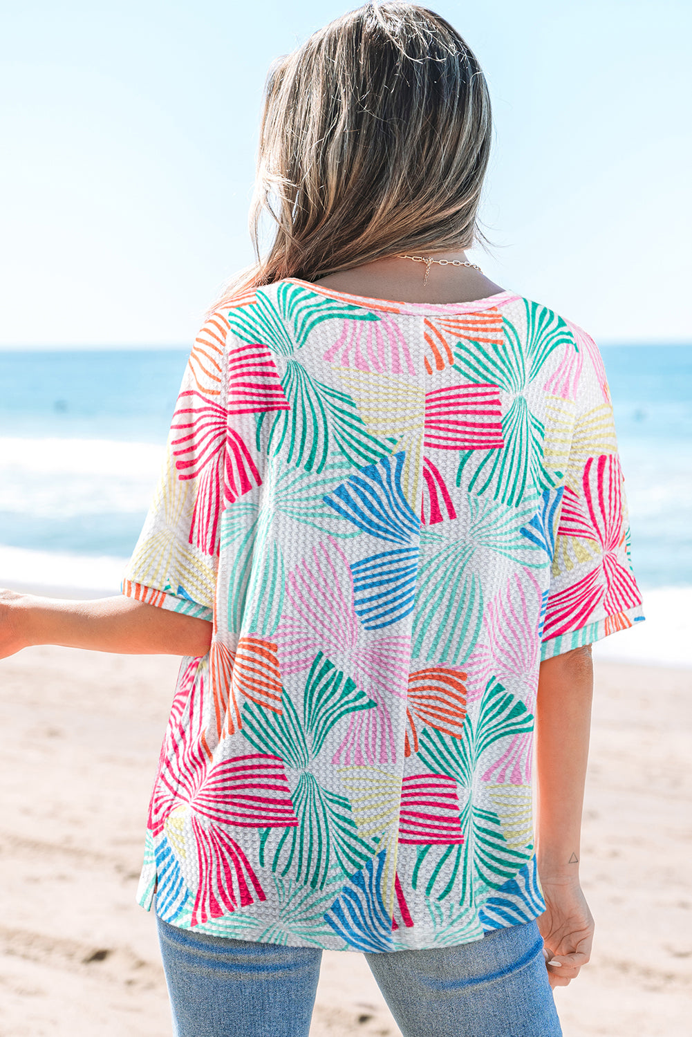 Pink Bowknot Printed Waffle Crewneck Loose Short Sleeve Top
