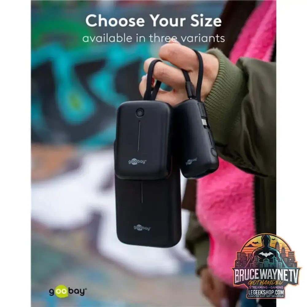 goobay Powerbank 20.000 mAh, integriertes USB-C Kabel 13cm, 30 Watt schwarz, 20 Ah, 1x USB-A, 2x USB-C, PD, QC - Stromquelle: USB-C - vue 10