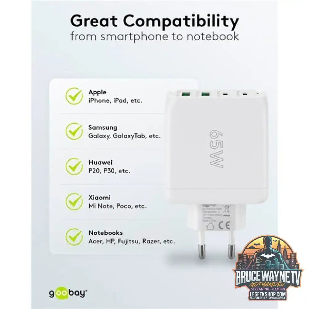 goobay USB-C Multiport-Schnellladegerät, PD, GaN, 68 Watt weiß, 2x USB-C, 2x USB-A, Power Delivery, QuickCharge - goobay - vue 10
