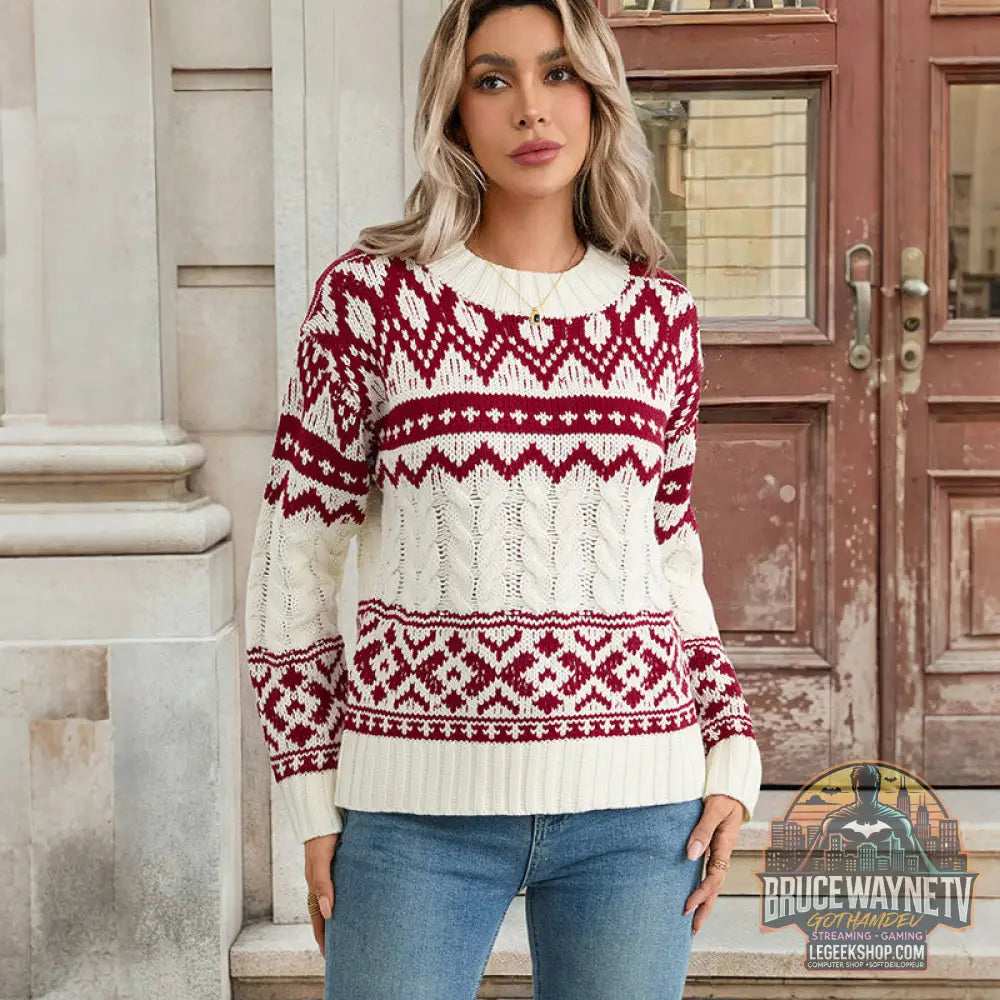 Pull Femme Jacquard Rétro Tricoté Loose Pullover - Wine Red / S - Pull Femme