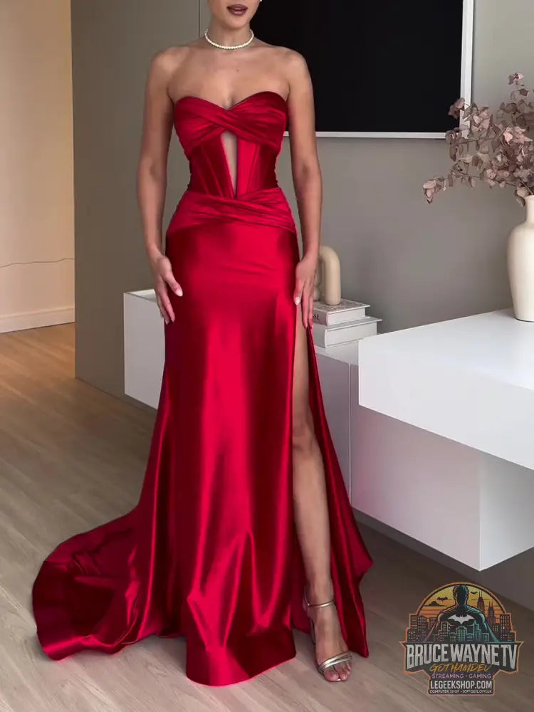 Robe Soirée Longue Rouge Bustier Fendue Élégante - Red / XS - Robe Soirée