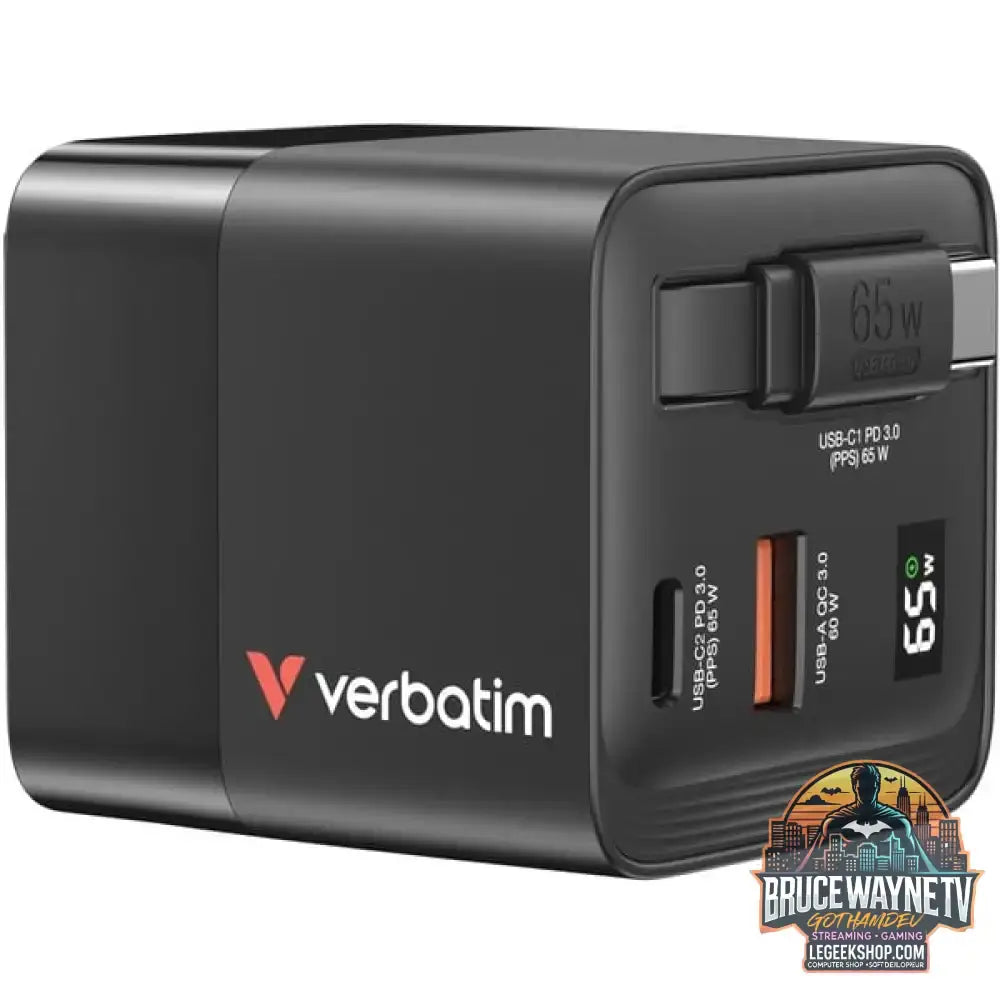 Verbatim GaN-Ladegerät 65W, 1x USB-A, 2x USB-C, ausziehbares Kabel schwarz, PD 3.0, QC 3.0 - Stromquelle: Steckdose - vue 2