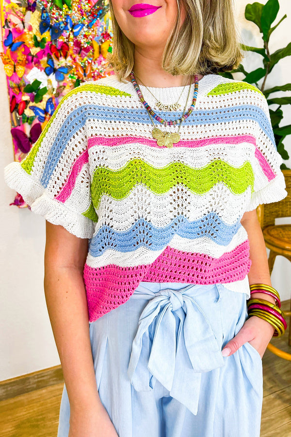 Pull femme en maille, à volants, manches courtes, colorblock — blanc