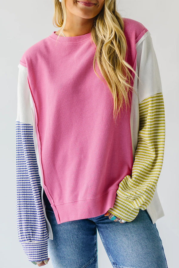Haut femme rayé, patchwork, manches longues, colorblock — rose