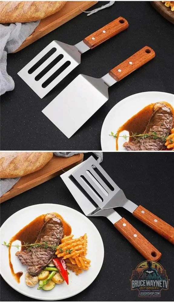 🍳 Spatule Professionnelle Inox & Bois – Pour Steak, Crêpes & Teppanyaki - Legeekshop