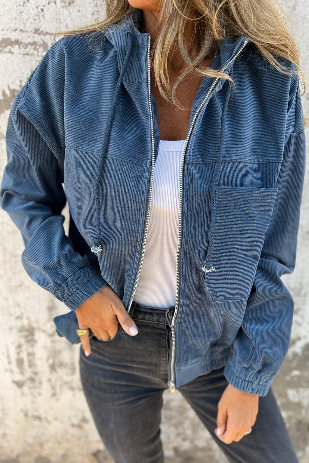 Veste femme à cordon, zip, poches, à capuche — bleu canard