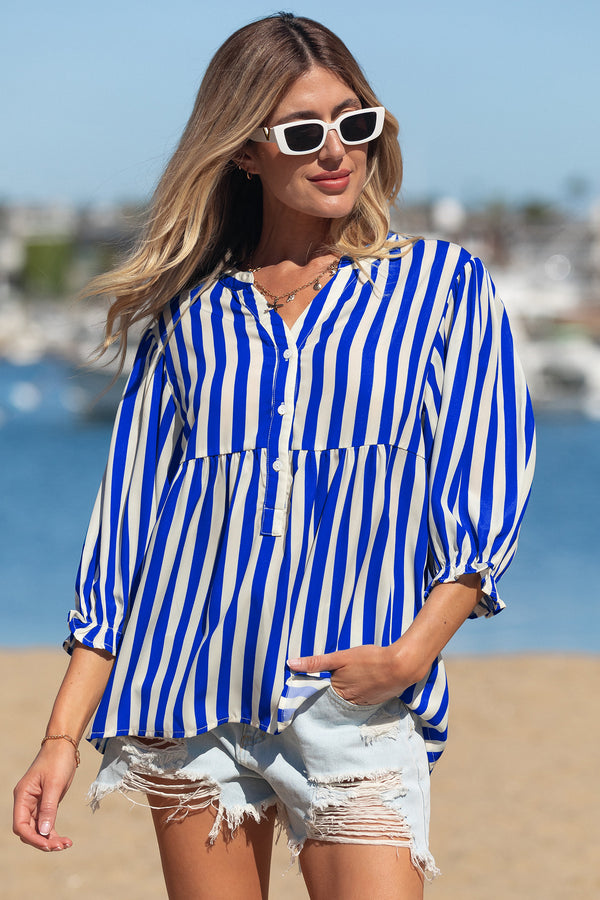 Chemise femme rayé, boutonnée, ample — bleu ciel