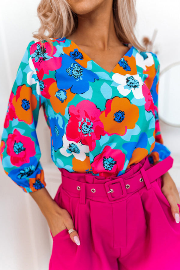 Blouse femme floral, col V — multicolore