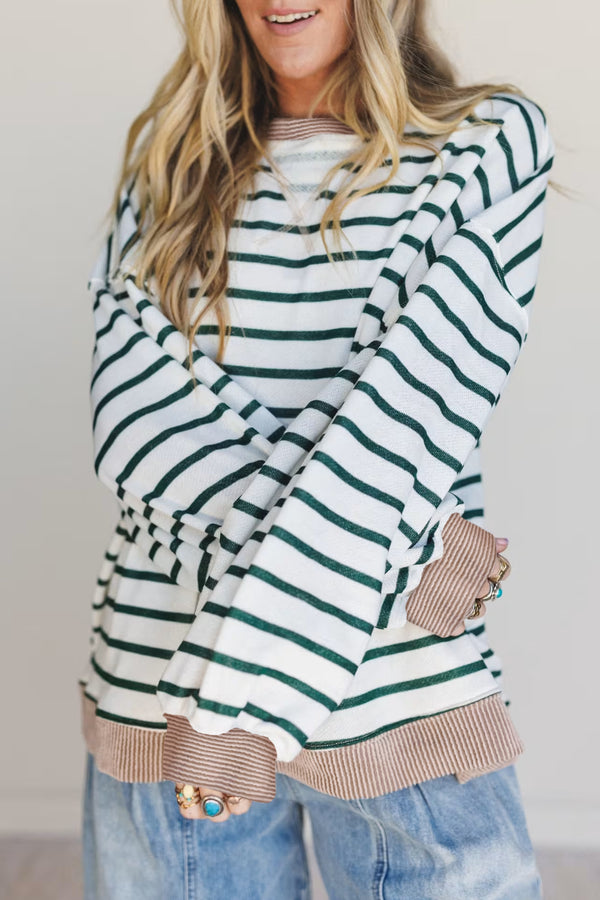 Sweat femme rayé, patchwork, épaules tombantes, col rond, côtelé — blanc
