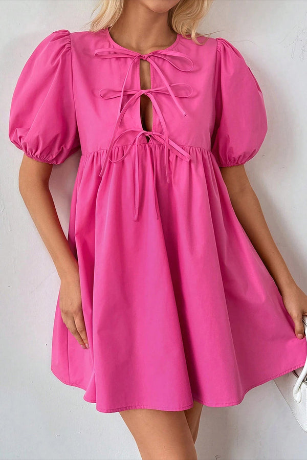 Robe courte femme manches bouffantes, taille haute, uni — rose vif