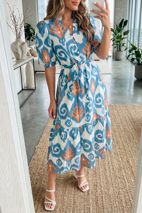 Robe midi femme floral, à volants, boutonnée, manches bouffantes, midi — bleu ciel