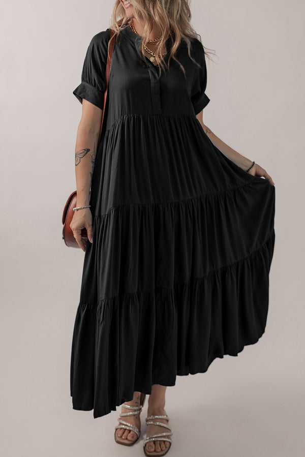 Robe femme à volants, à étages, boutonnée, manches courtes — noir