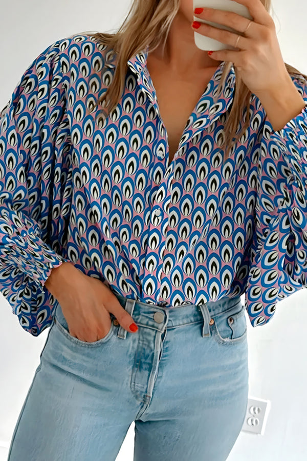 Chemise femme smocké, boutonnée, oversized — bleu ciel