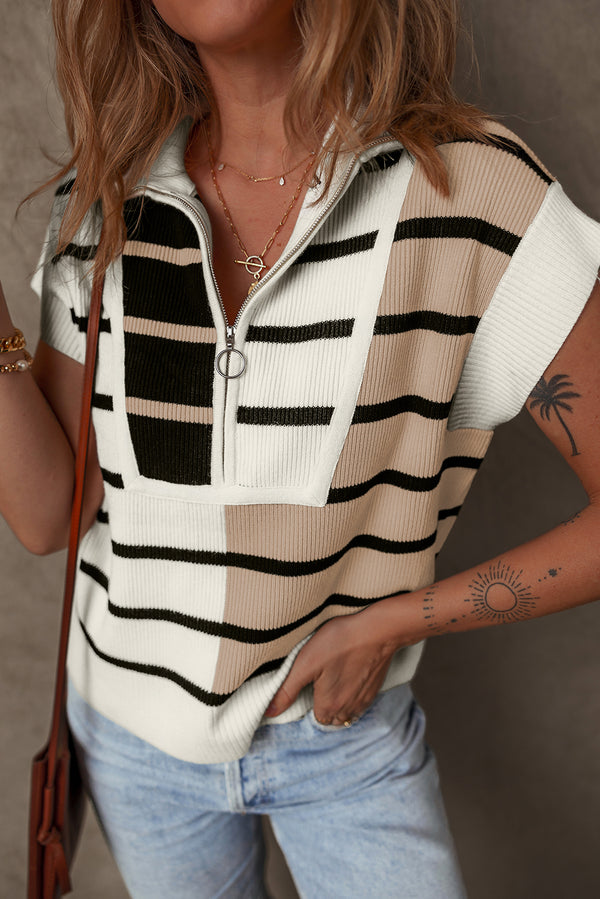 Pull femme rayé, zip, colorblock — noir