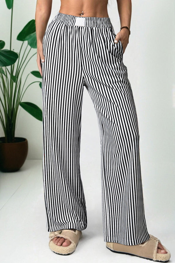 Pantalon femme rayé, poches, taille haute, ample — noir