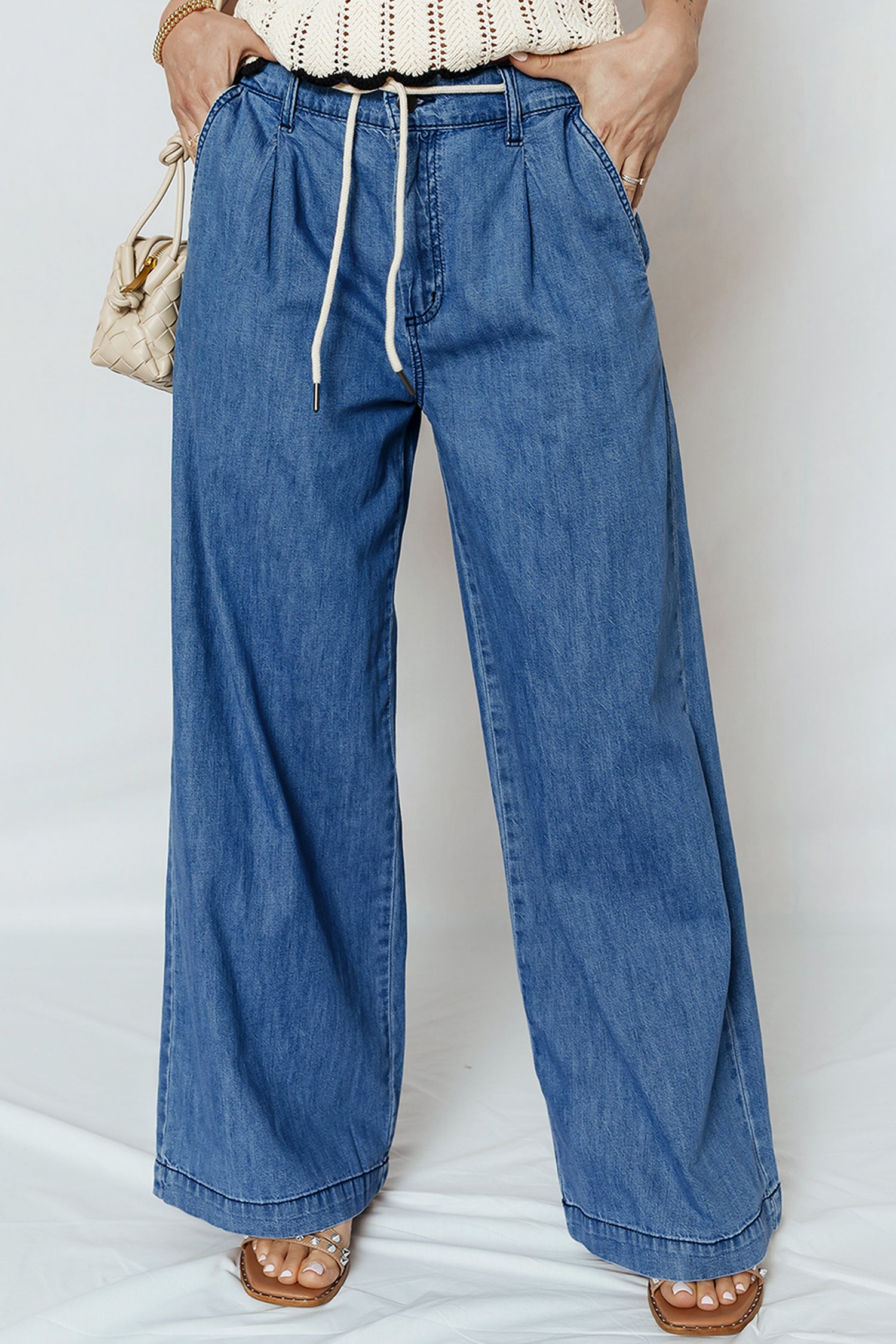 Dusk Blue Lace-up Pull On Wide Leg Jeans femme