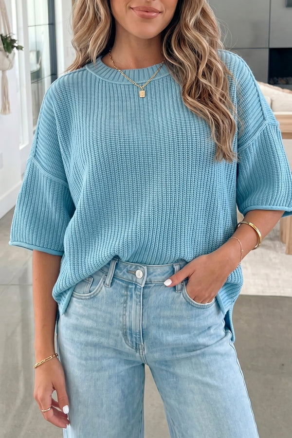 Pull femme manches 3/4, ample — bleu