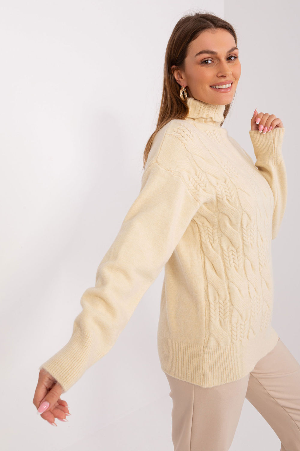 Pull femme AT Col Roulé Col — beige