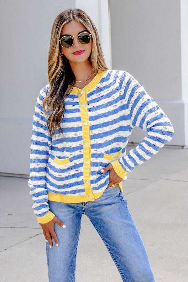 Cardigan femme rayé, en maille, boutonnée, manches longues, ample, colorblock — bleu ciel
