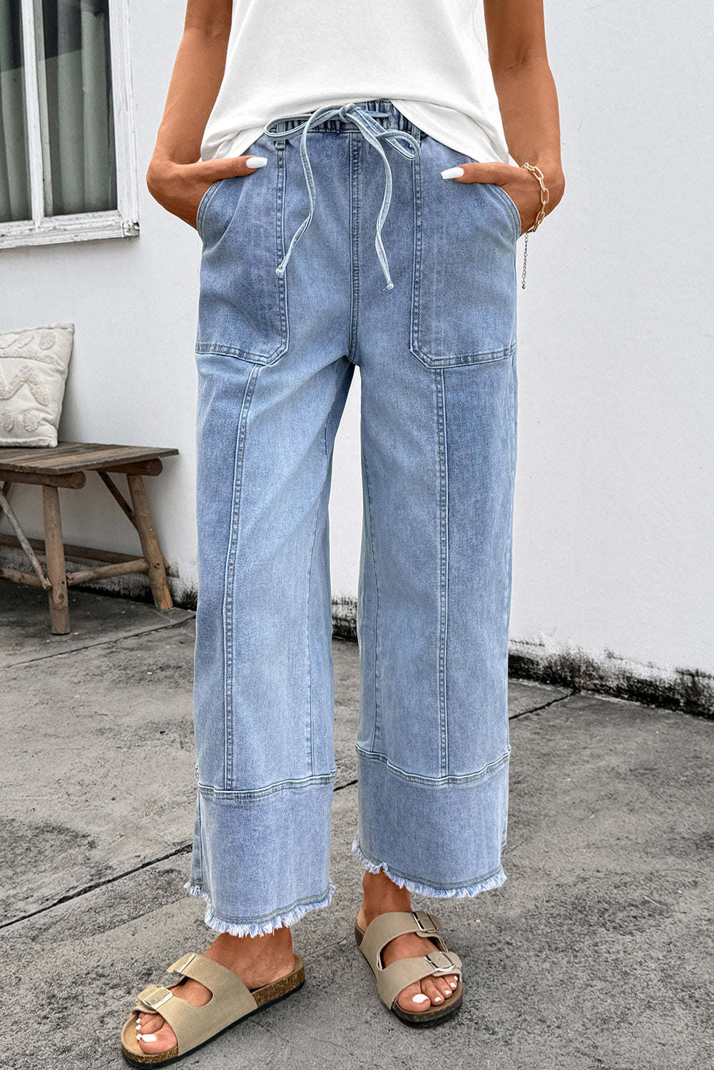 Pantalon femme à cordon, jambe large — bleu ciel
