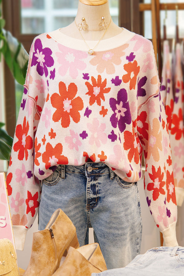 Pull femme floral, épaules tombantes — kaki