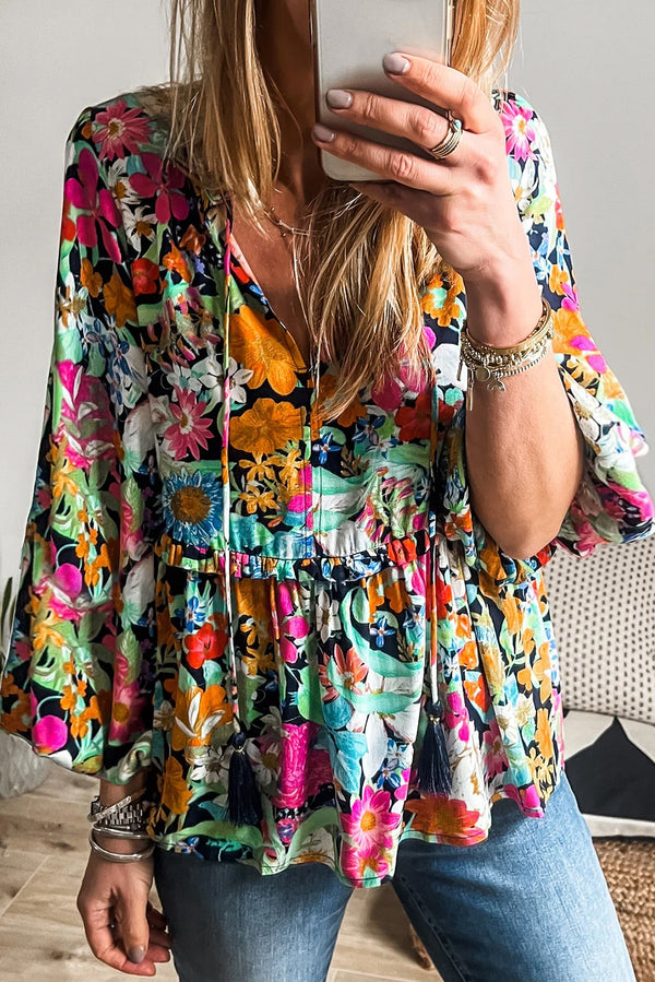 Blouse femme floral, à volants, manches ballon, col V — multicolore