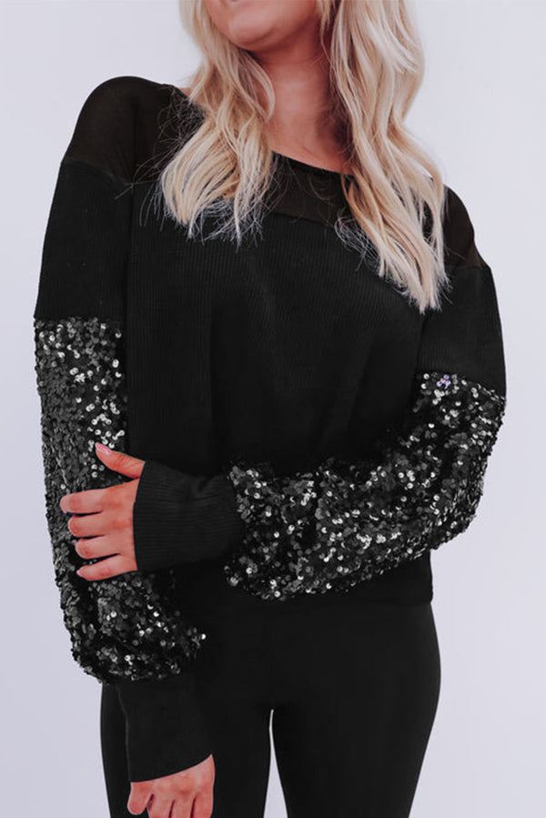 Blouse femme patchwork, paillettes — noir