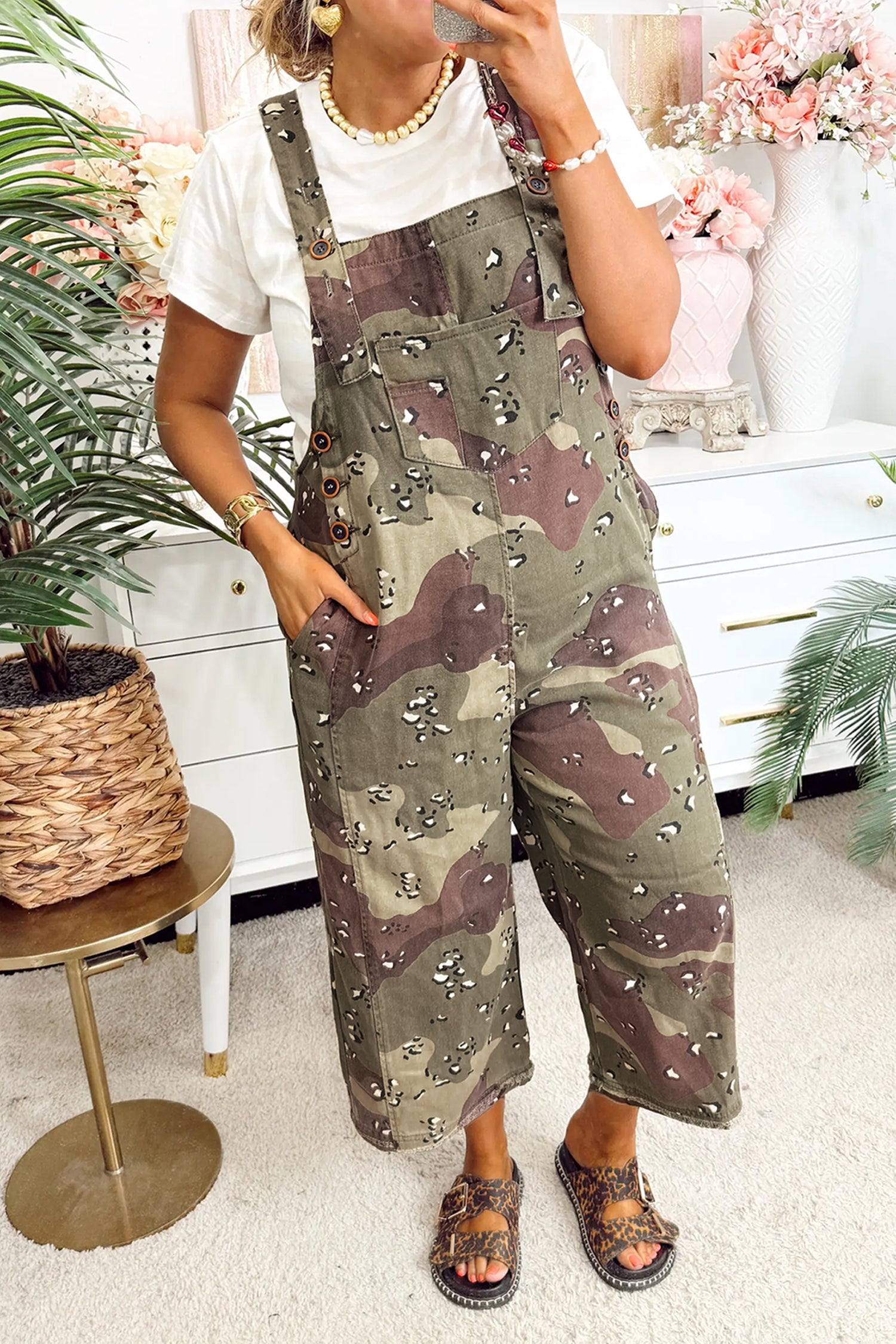 Combinaison femme léopard, camouflage, ample, denim, cropped — vert