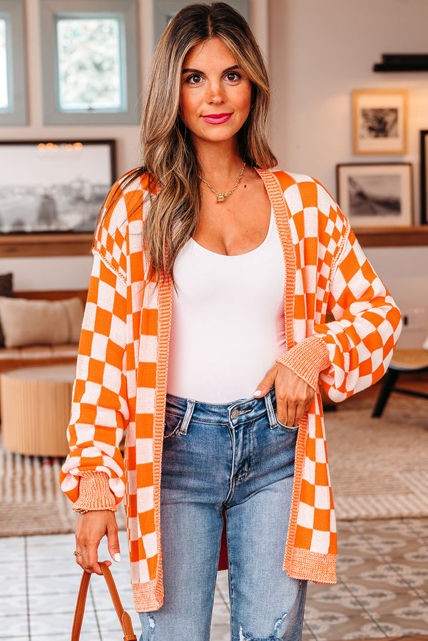 Orange Checkered Open Front Drop Shoulder Cardigan femme-P1422