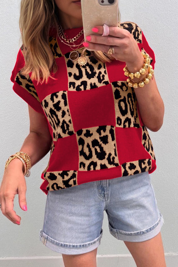 Pull femme léopard, en maille, manches courtes — rouge