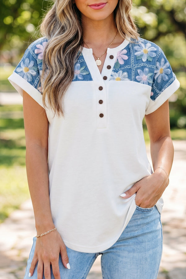 Blouse femme floral, patchwork, manches courtes — blanc