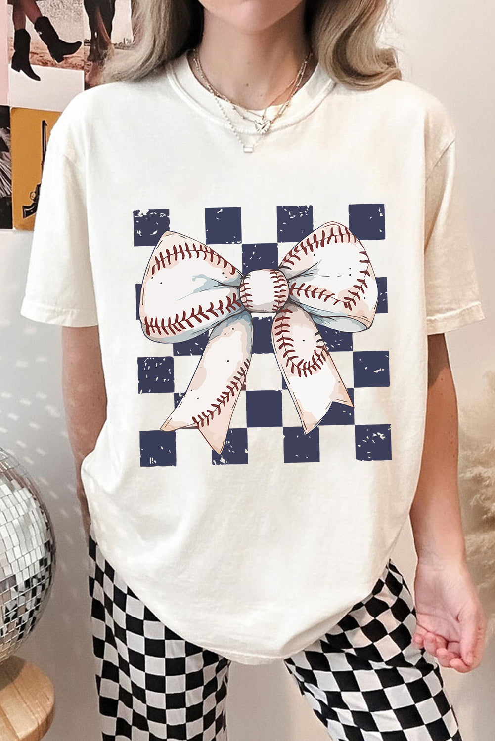 T-shirt femme graphique, à carreaux — blanc