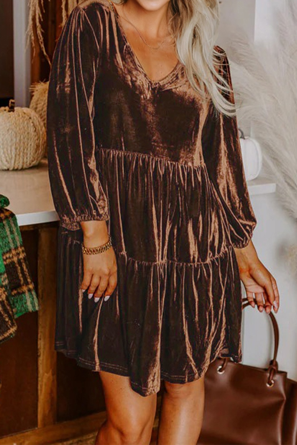 Robe courte femme velours, à étages, manches longues, col V, uni — café