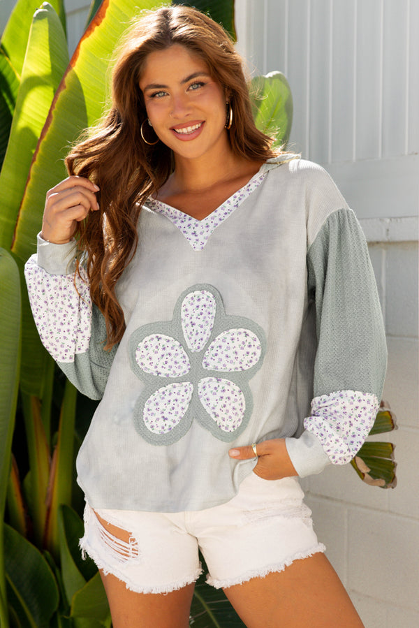 Haut femme floral, gaufré, à capuche, col V, casual, colorblock — vert