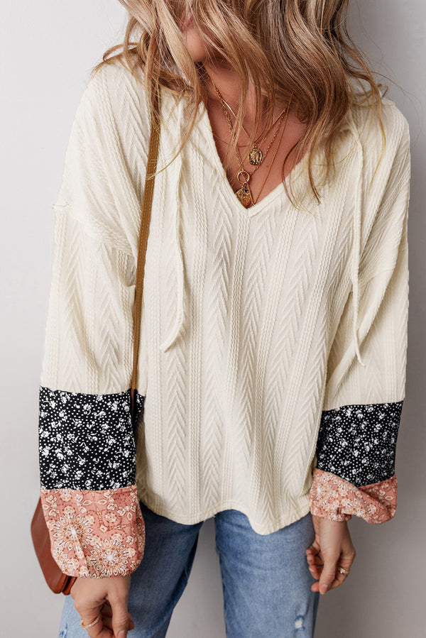Blouse femme floral, patchwork, en maille, à cordon, col V — beige