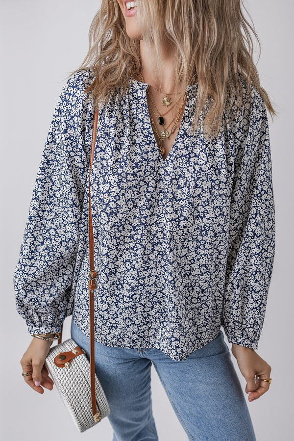 Blouse femme floral, manches bouffantes, col V — bleu