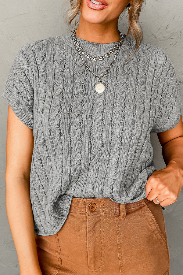 Pull femme en maille, manches courtes, col rond, torsadé — gris