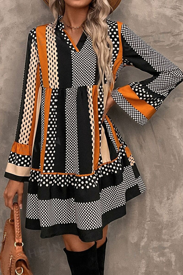 Robe courte femme pois, rayé, à volants, col V — noir