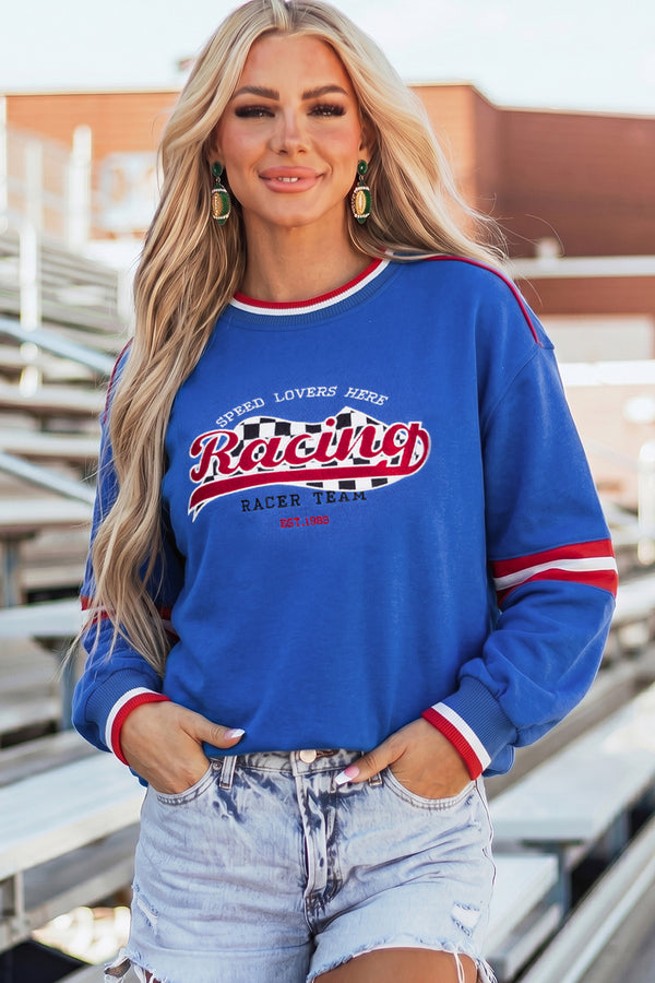 Sweat femme brodé, graphique, patchwork, manches longues — bleu ciel