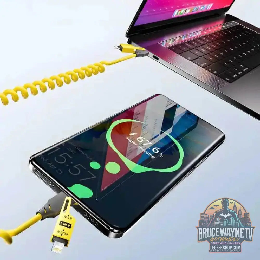 🔌 Câble de Données Court à Ressort 4-en-1 – 65W 6A | Chargeur Rapide USB Type-C & Lightning - Legeekshop