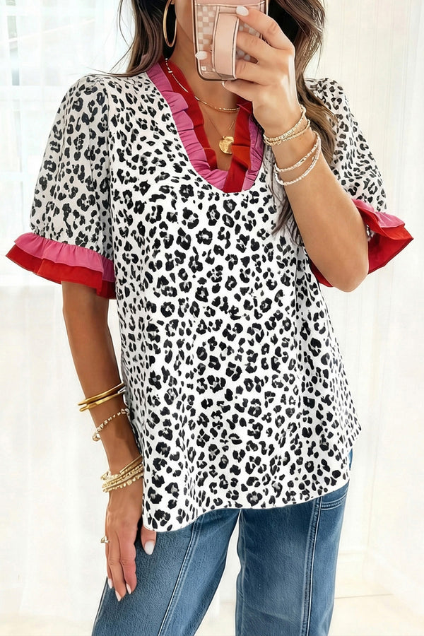 Blouse femme léopard, à volants, manches courtes, col V — gris