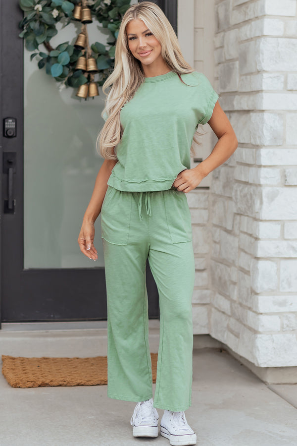 Pantalon femme à cordon, poches, manches courtes